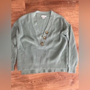 Elan Sage V-Neck Sweater with Button Accents